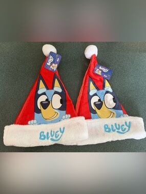 2)Bluey Santa Hat Plush Christmas Holiday Embroidered Bluey Face Pom Pom